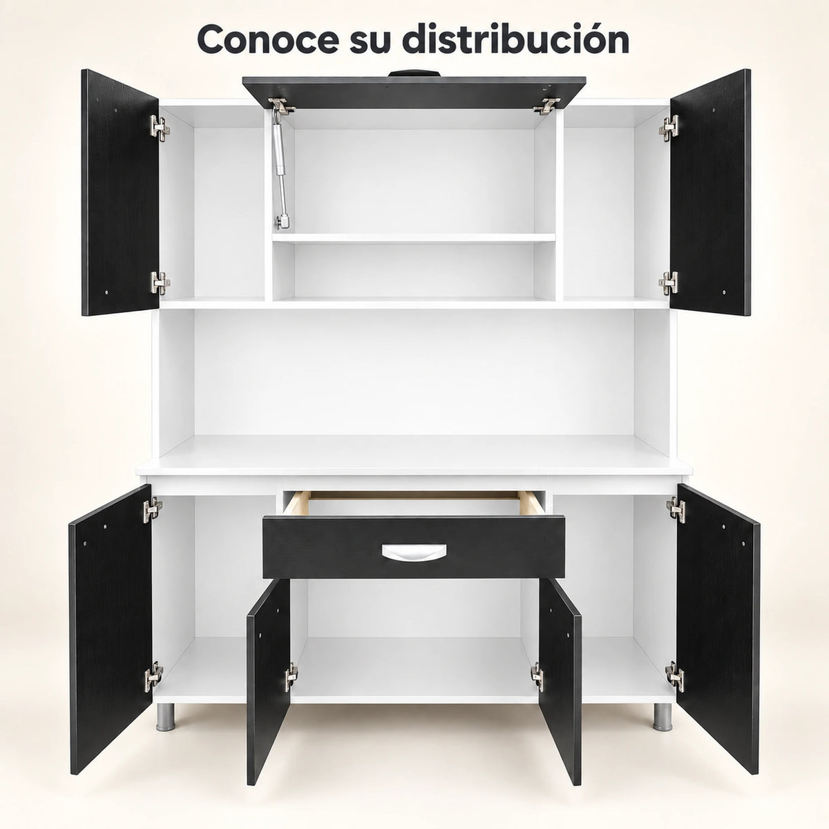 Alacena de cocina 7 puertas y 1 gaveta color Negro/Blanco – con puertas y gaveta abiertas