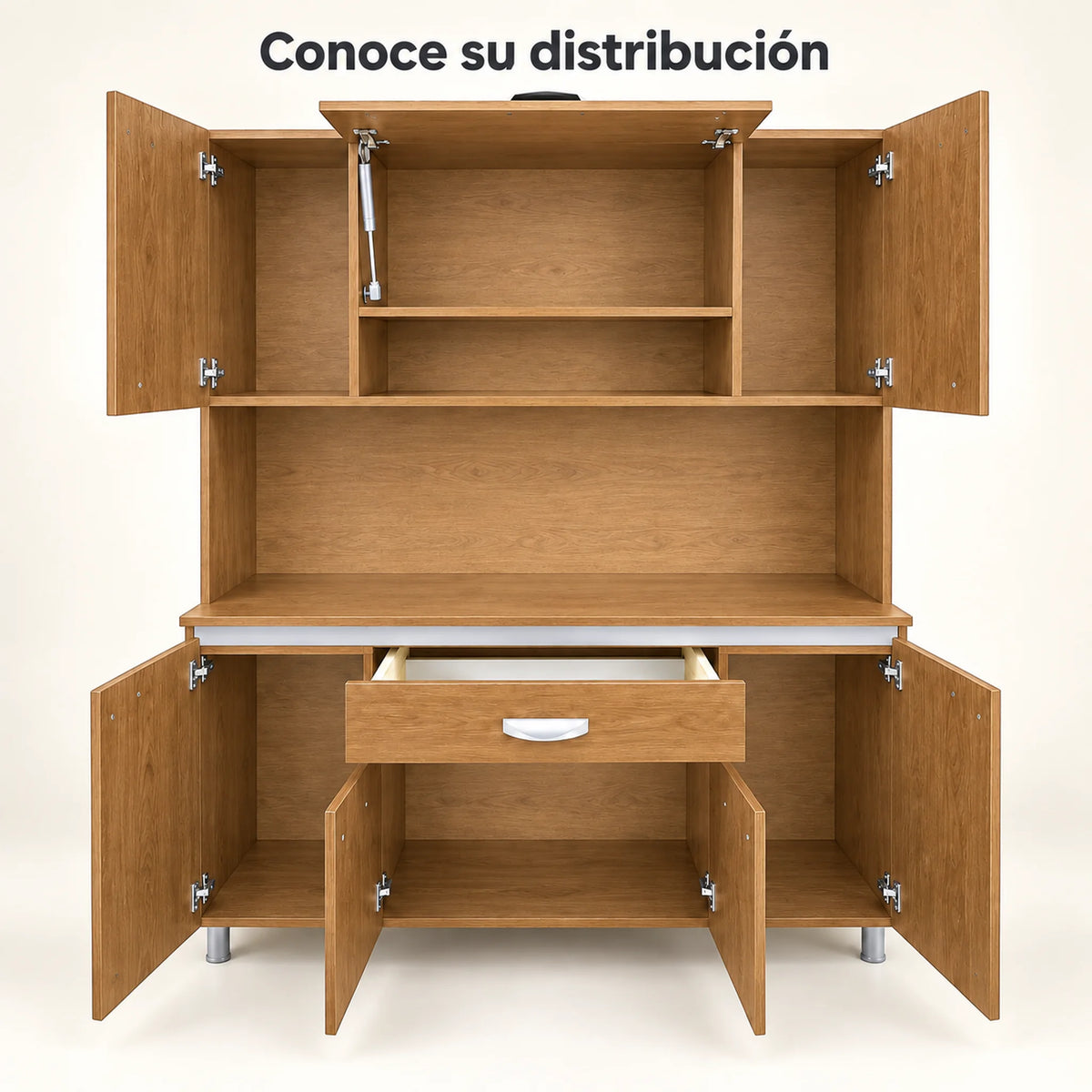 Alacena de cocina 7 puertas y 1 gaveta color Roble Miel – con puertas y gaveta abiertas