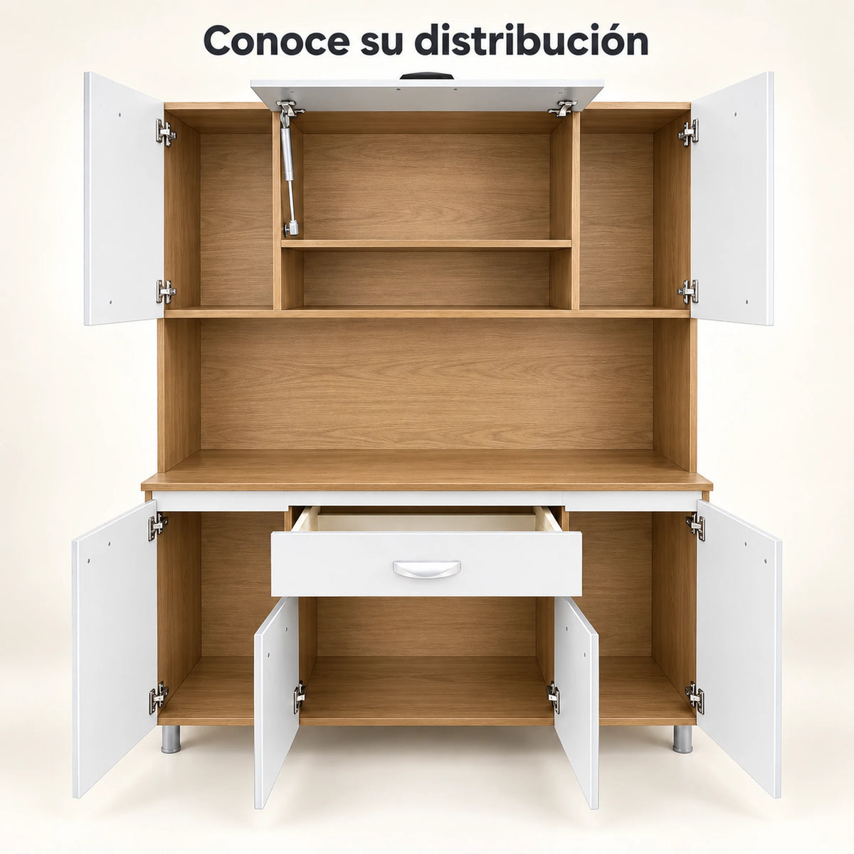 Alacena de cocina 7 puertas y 1 gaveta color Blanco/Roble Miel – con puertas y gaveta abiertas