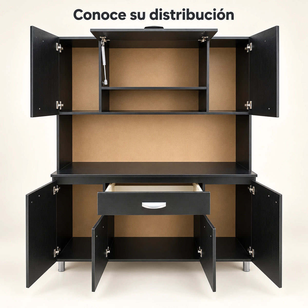 Alacena de cocina 7 puertas y 1 gaveta color Negro/Wengué – con puertas y gaveta abiertas