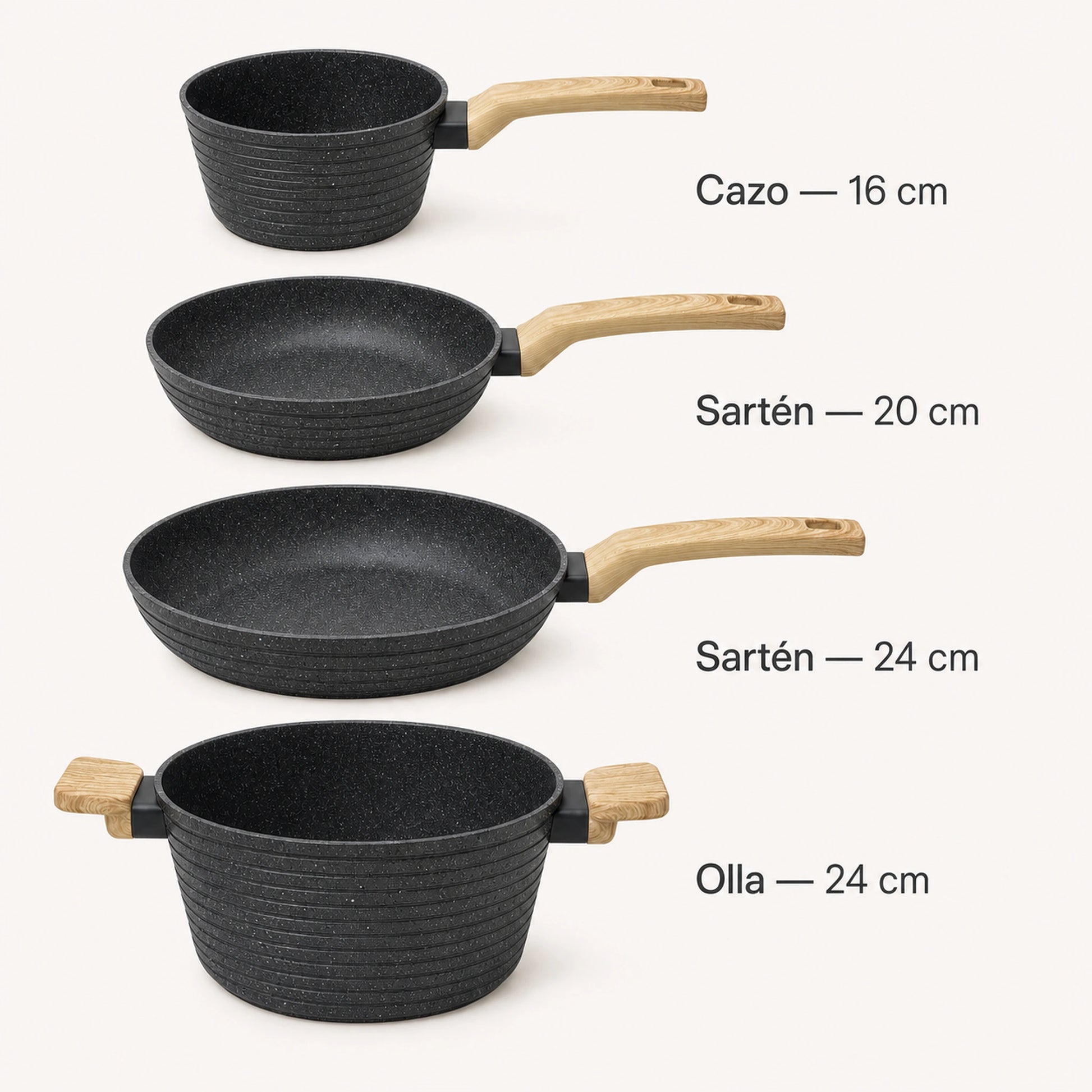 Medidas de las piezas de la batería de cocina Negro: 16, 20 y 24 cm