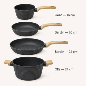 Medidas de las piezas de la batería de cocina Negro: 16, 20 y 24 cm