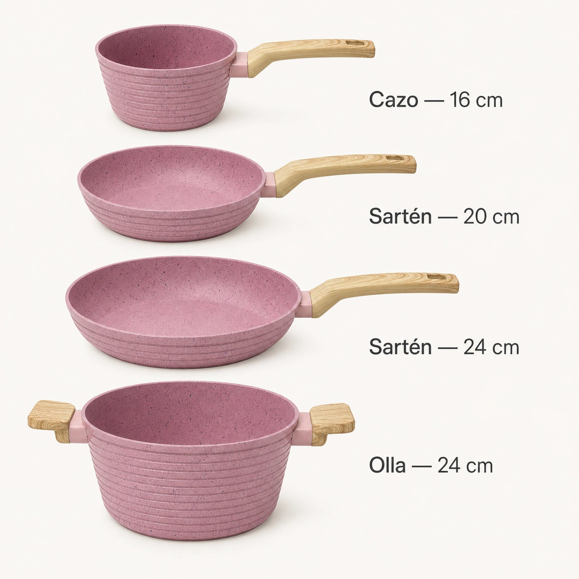 Medidas de las piezas de la batería de cocina Rosa: 16, 20 y 24 cm