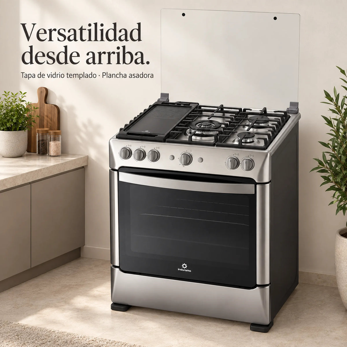 Cocina a Gas Indurama Turín Zafiro, tapa de vidrio templado abierta y plancha asadora