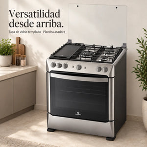 Cocina a Gas Indurama Turín Zafiro, tapa de vidrio templado abierta y plancha asadora