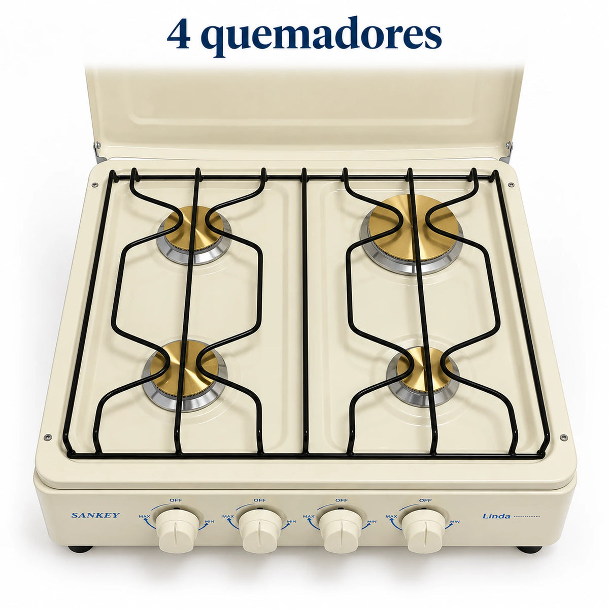 Vista superior de los cuatro quemadores de la cocina a gas Sankey Linda