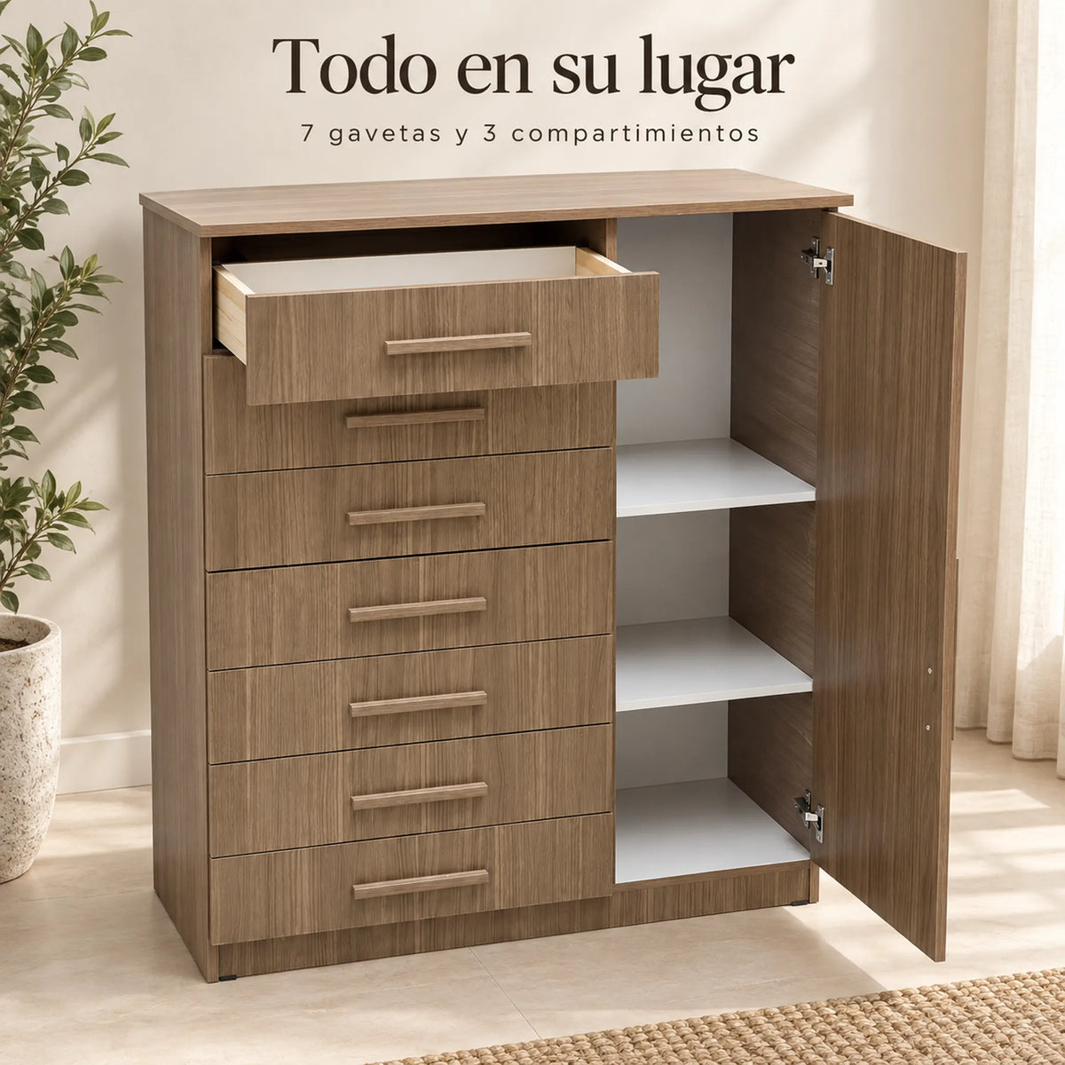 Cómoda New Mónaco acabado Café Veteado, almacenamiento con la puerta abierta, mostrando los compartimientos internos