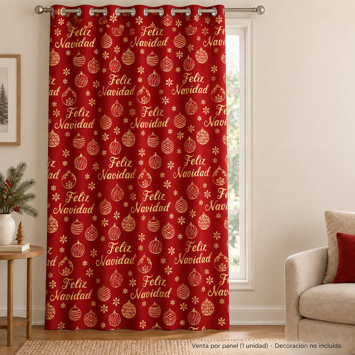Cortina navideña Pasión Guajira Elfo roja con letras Feliz Navidad doradas – en una sala navideña