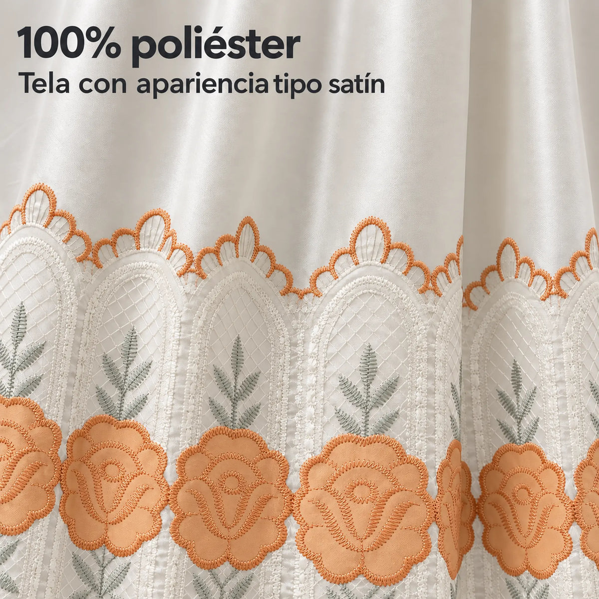 Par de cortinas bordadas satinadas con cenefa, fondo cream con bordado naranja coral – tela 100% poliéster con apariencia satinada