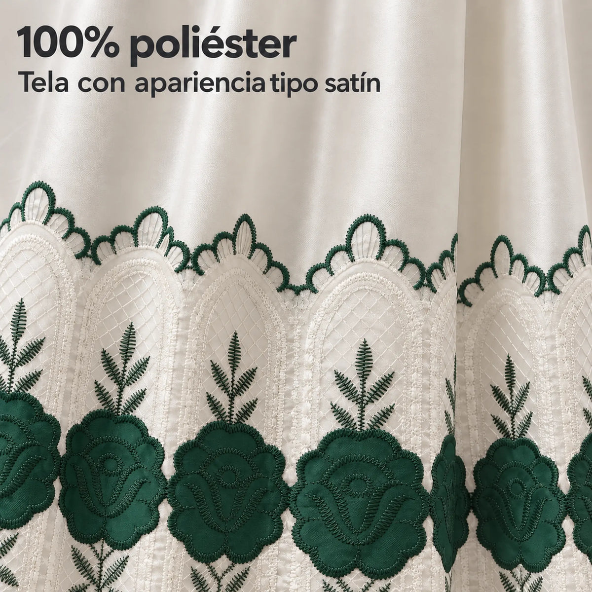 Par de cortinas bordadas satinadas con cenefa, fondo cream con bordado verde esmeralda – tela 100% poliéster con apariencia satinada