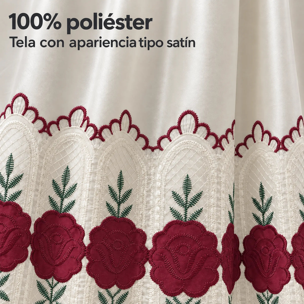 Par de cortinas bordadas satinadas con cenefa, fondo cream con bordado rojo vino – tela 100% poliéster con apariencia satinada