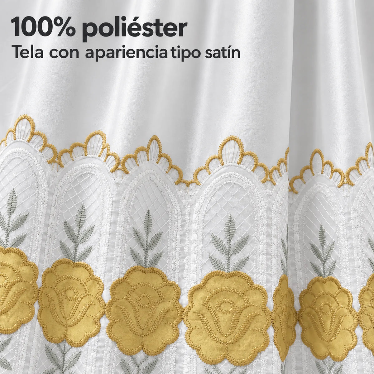 Par de cortinas blancas bordadas satinadas con cenefa, bordado dorado – tela 100% poliéster con apariencia satinada