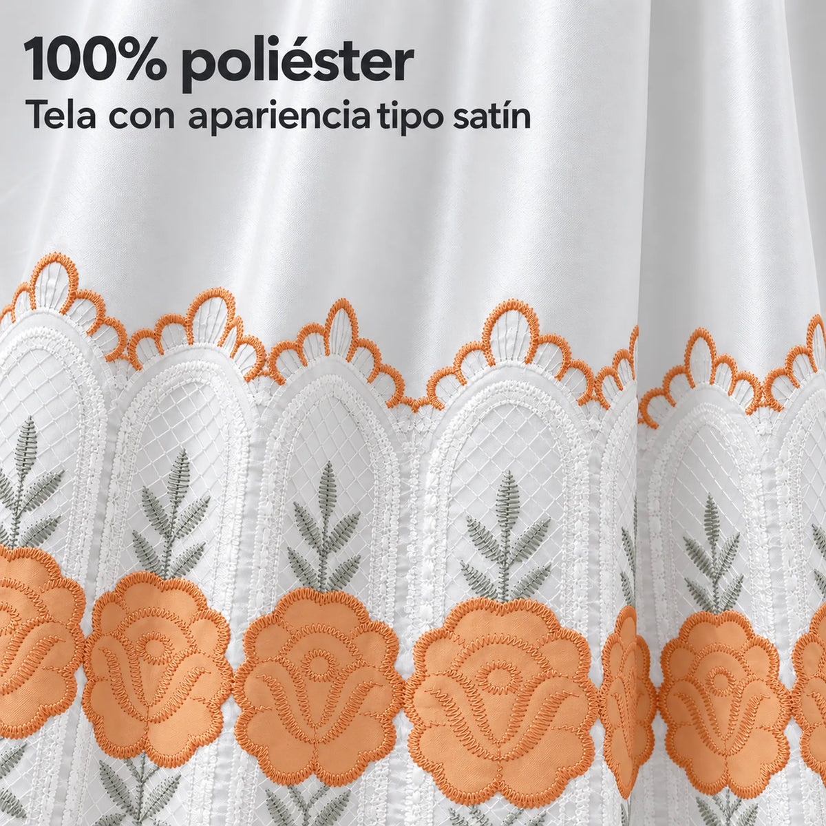 Par de cortinas blancas bordadas satinadas con cenefa, bordado naranja coral – tela 100% poliéster con apariencia satinada