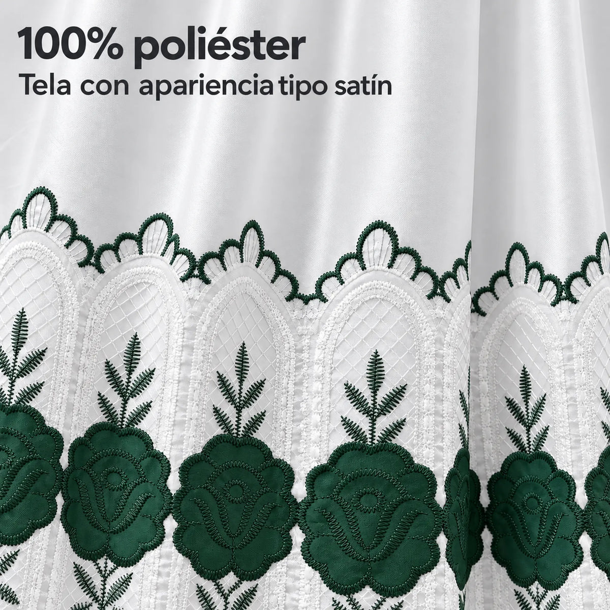 Par de cortinas blancas bordadas satinadas con cenefa, bordado verde esmeralda – tela 100% poliéster con apariencia satinada