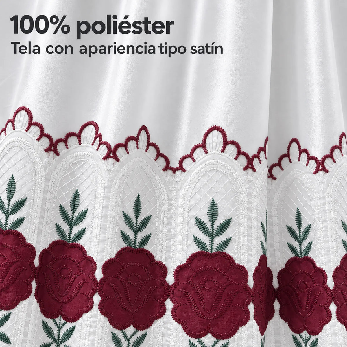 Par de cortinas blancas bordadas satinadas con cenefa, bordado rojo vino – tela 100% poliéster con apariencia satinada