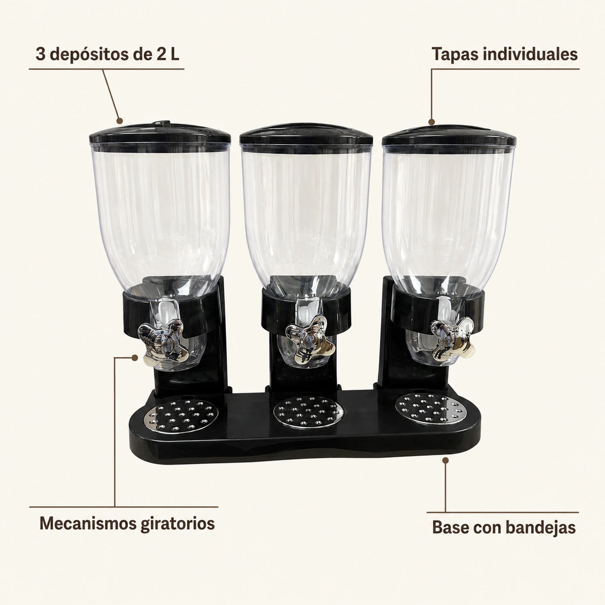 Diagrama del dispensador de cereal: 3 depósitos de 2 litros, tapas individuales, mecanismos giratorios y base con bandejas