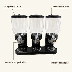 Diagrama del dispensador de cereal: 3 depósitos de 2 litros, tapas individuales, mecanismos giratorios y base con bandejas