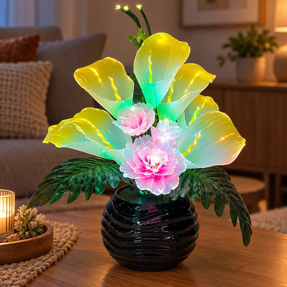 Arreglo de flores artificiales con luz LED, diseño Cala Rosada – encendido con luz LED en la sala