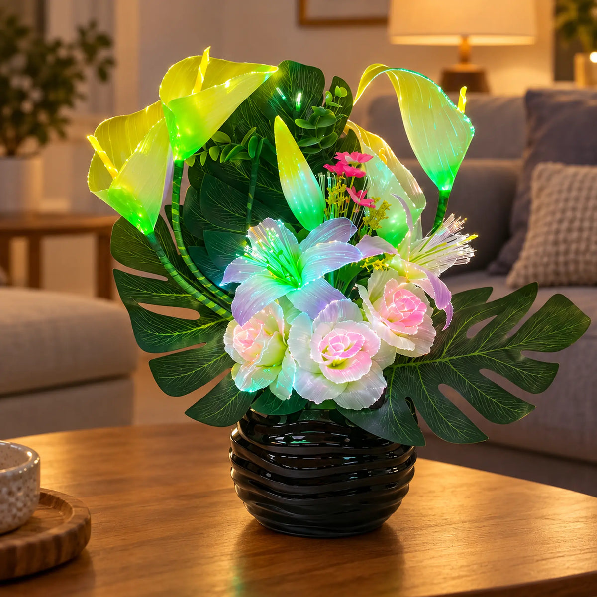 Arreglo de flores artificiales con luz LED, diseño Cala Lila – encendido con luz LED en la sala