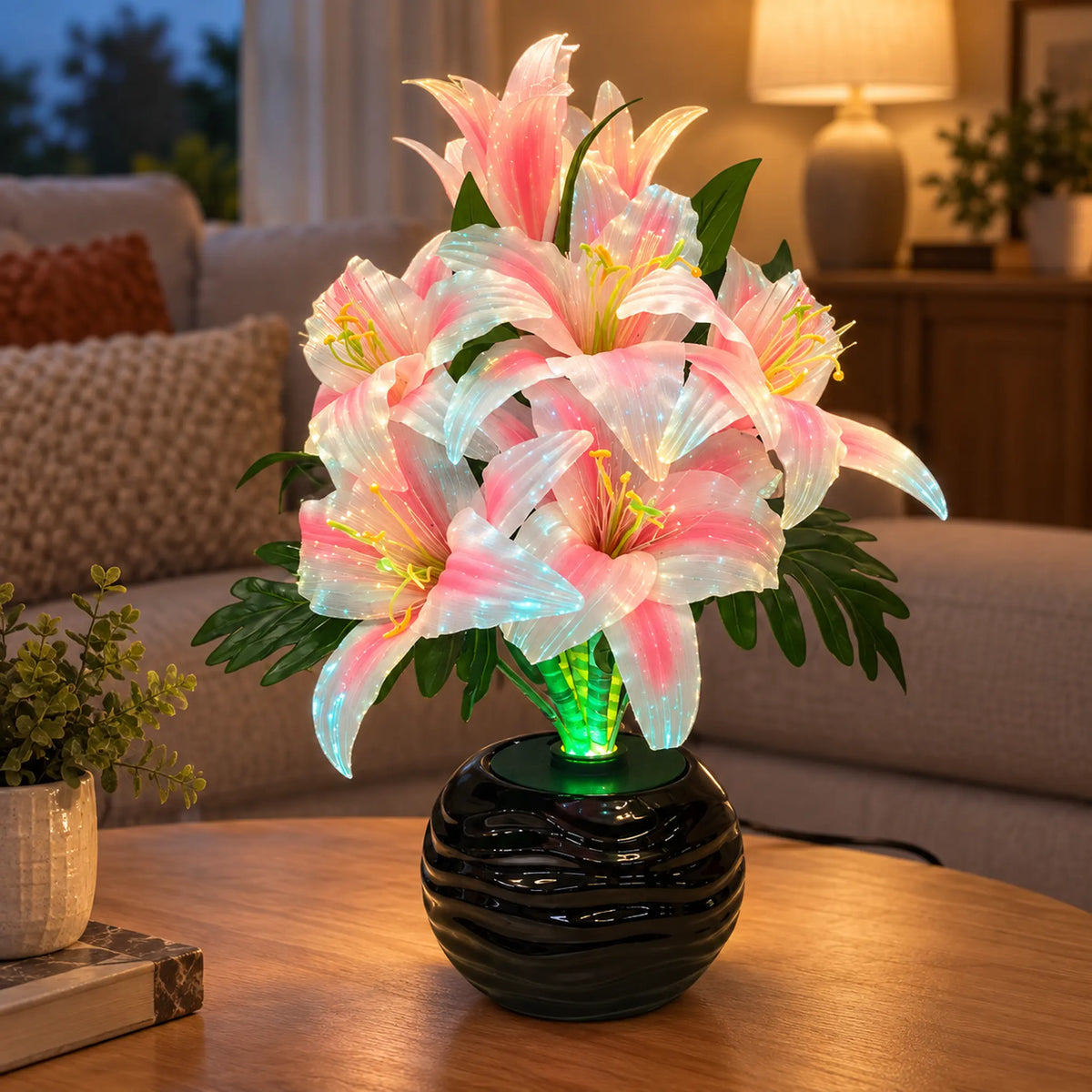 Arreglo de flores artificiales con luz LED, diseño Lirio Rosado – encendido con luz LED en la sala
