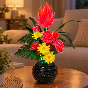 Arreglo de flores artificiales con luz LED, diseño Rojo Tropical – encendido con luz LED en la sala