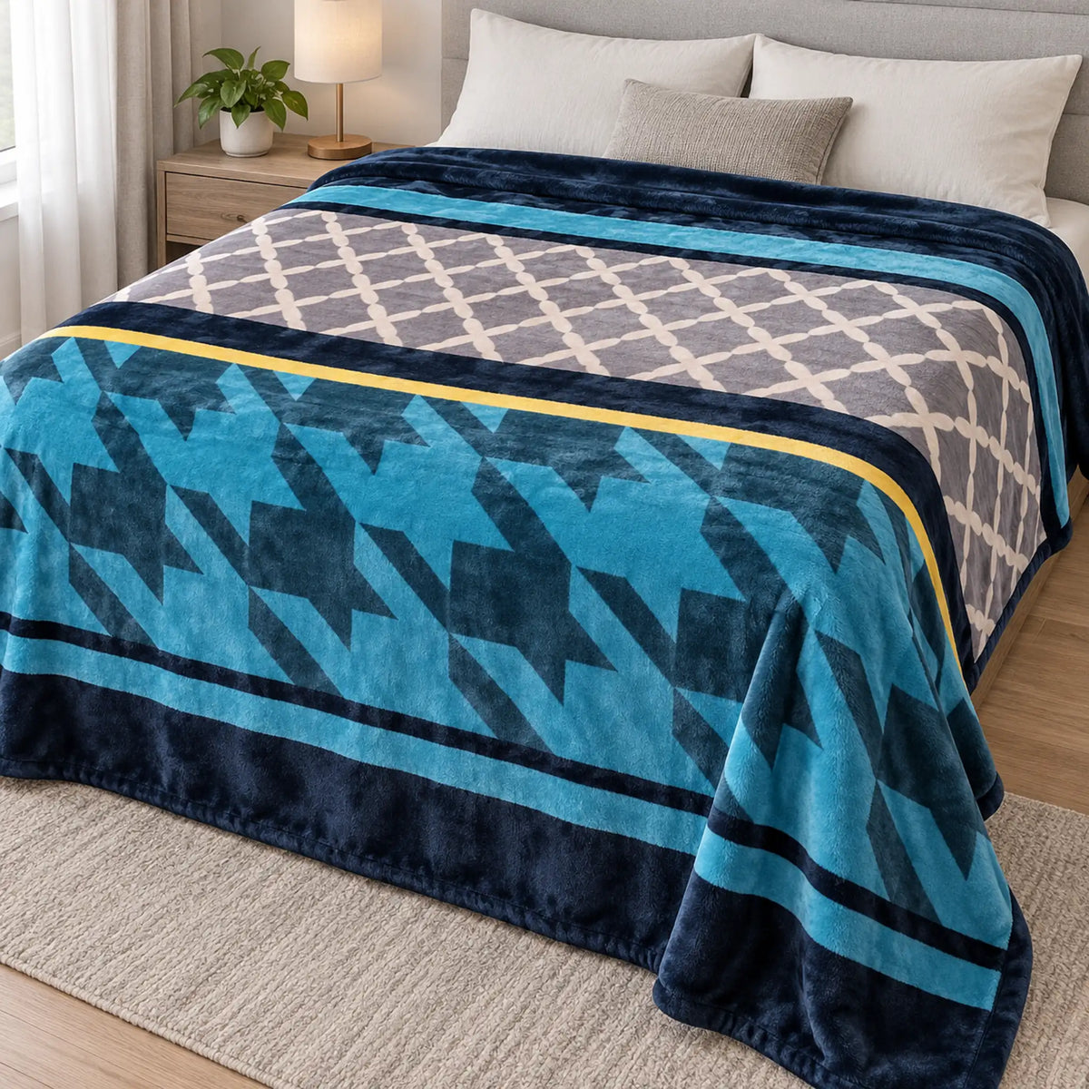 Frazada estampada afelpada 200 x 240 cm, diseño Geométrico Turquesa – vista en ángulo