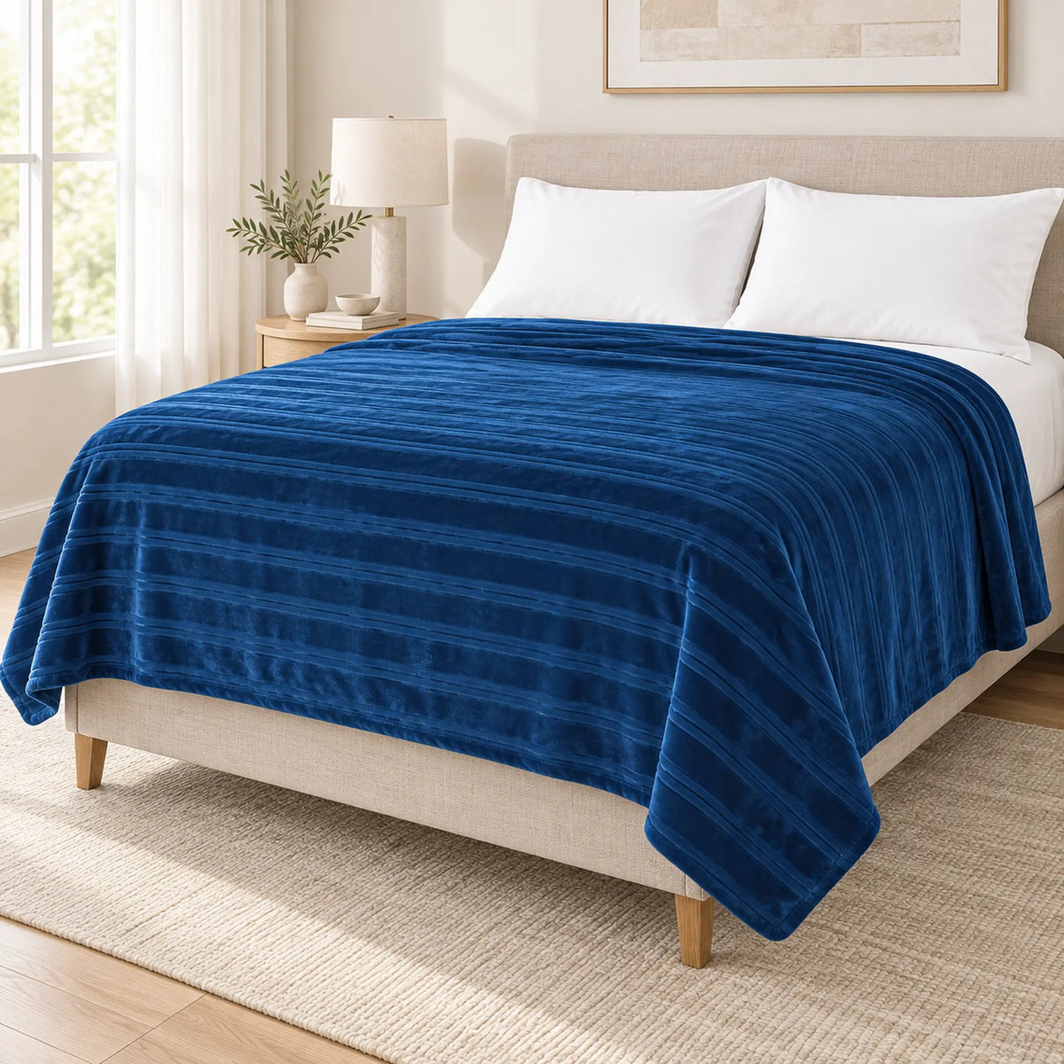 Frazada full azul marino de 180 x 220 cm con rayas en relieve – vista en ángulo