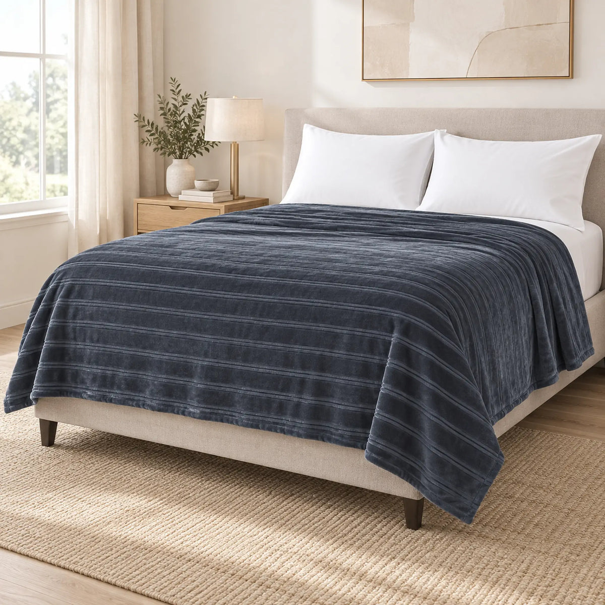Frazada full gris de 180 x 220 cm con rayas en relieve – vista en ángulo