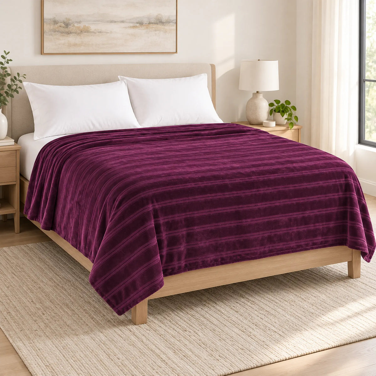 Frazada full morado de 180 x 220 cm con rayas en relieve – vista en ángulo