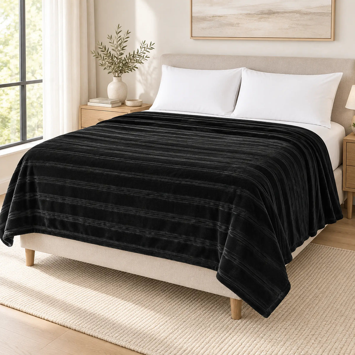 Frazada full negra de 180 x 220 cm con rayas en relieve – vista en ángulo