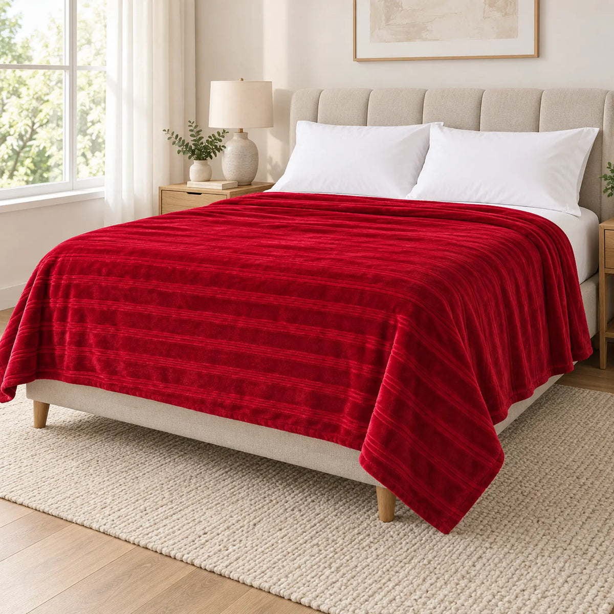 Frazada full roja de 180 x 220 cm con rayas en relieve – vista en ángulo