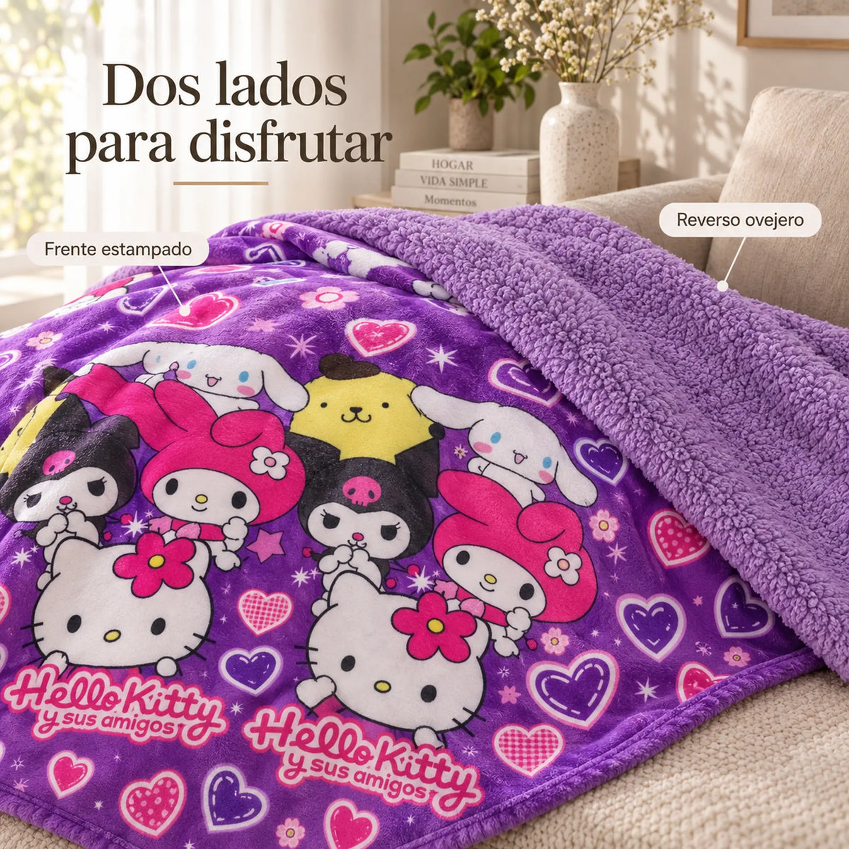 Frazada reversible piel de oveja, diseño Hello Kitty, vista de frente y reverso