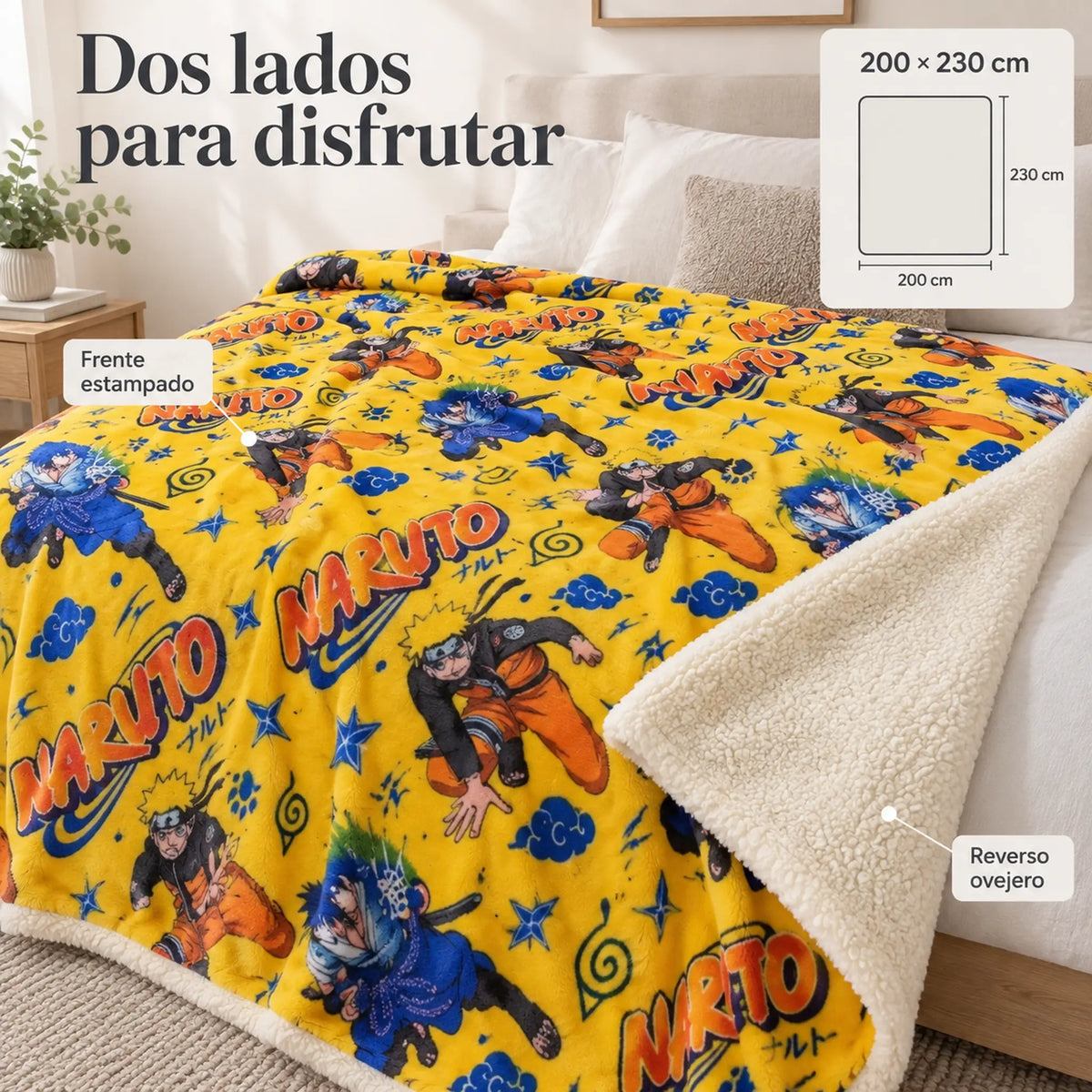 Frazada reversible piel de oveja, diseño Naruto, vista de frente y reverso