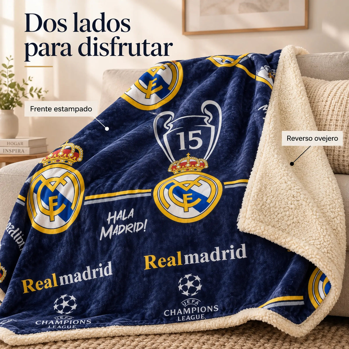 Frazada reversible piel de oveja, diseño Real Madrid, vista de frente y reverso