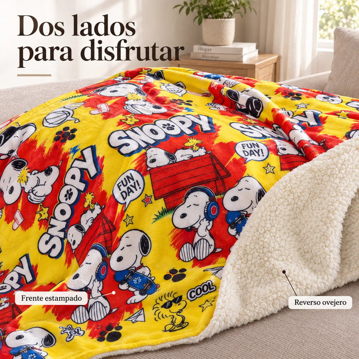 Frazada reversible piel de oveja, diseño Snoopy, vista de frente y reverso