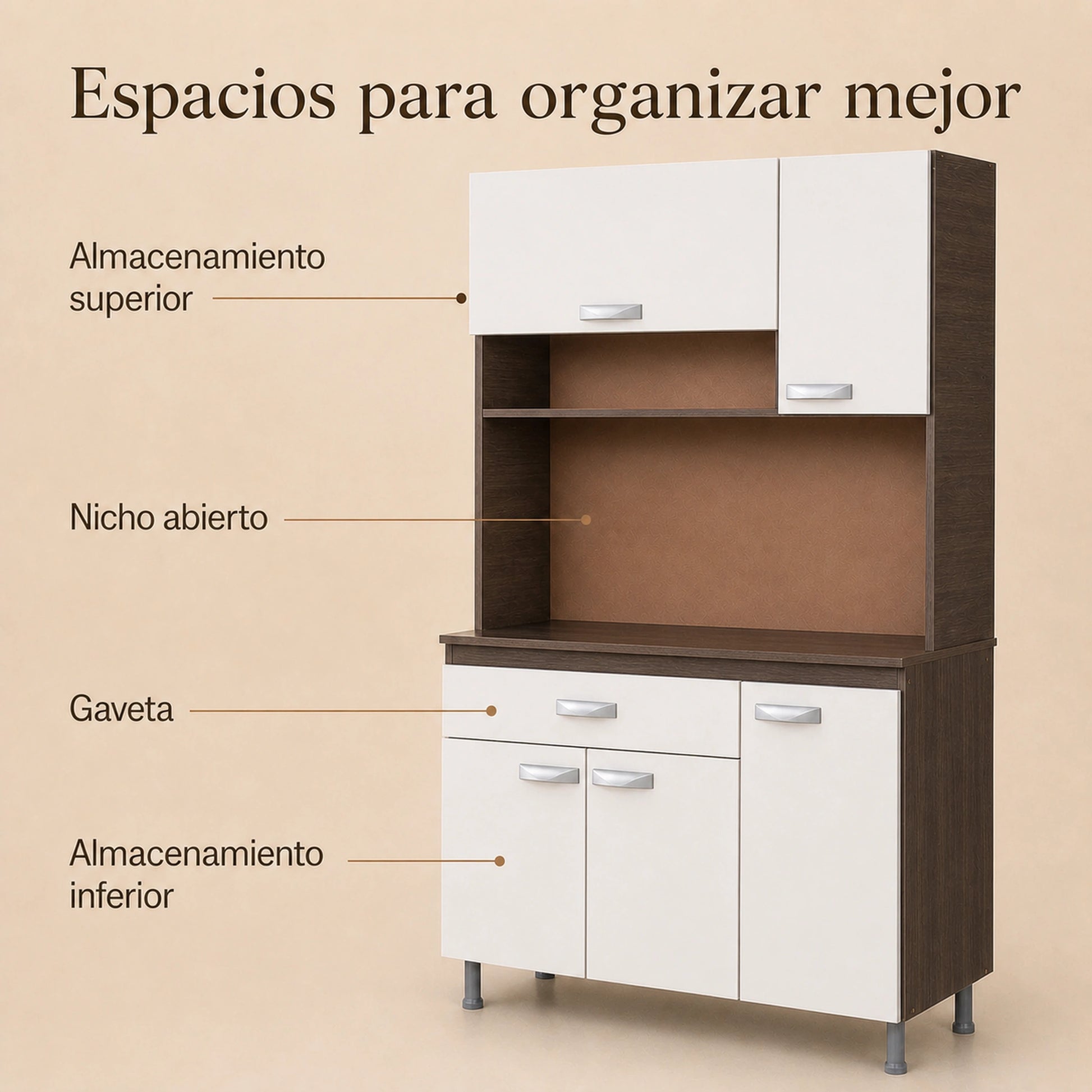 Espacios de organización del gabinete de cocina grande en Chocolate y Blanco