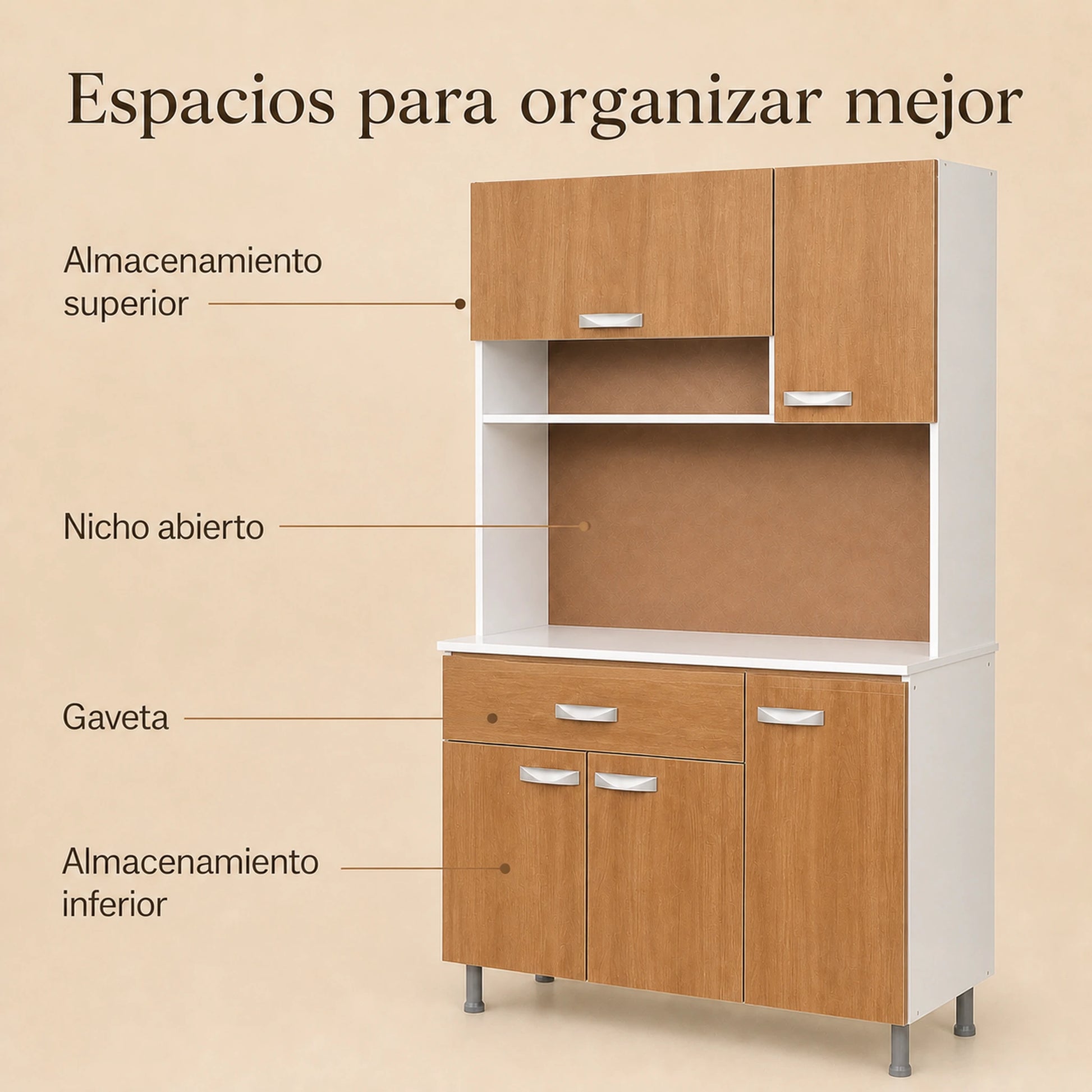 Espacios de organización del gabinete de cocina grande en Blanco y Madera