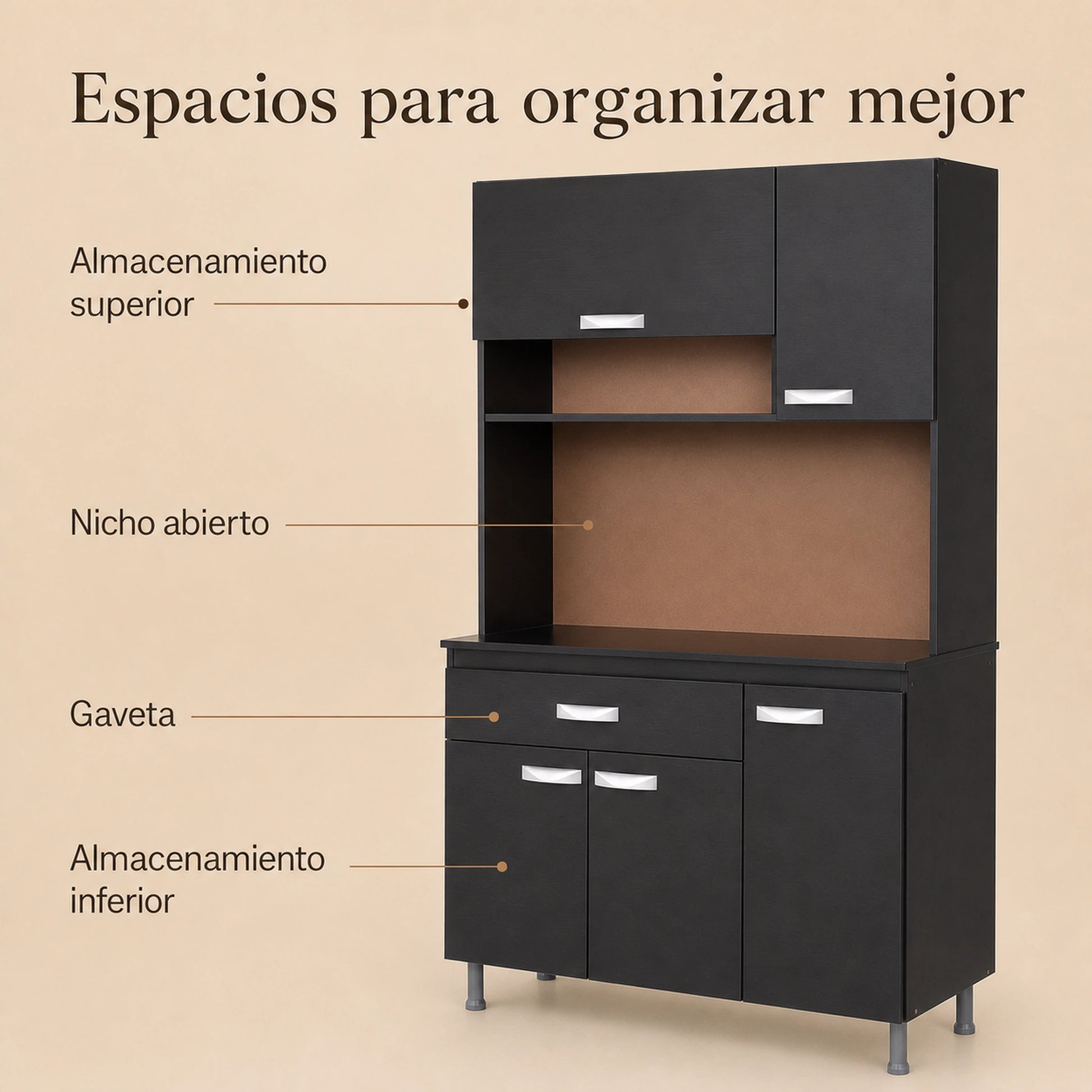 Espacios de organización del gabinete de cocina grande en negro