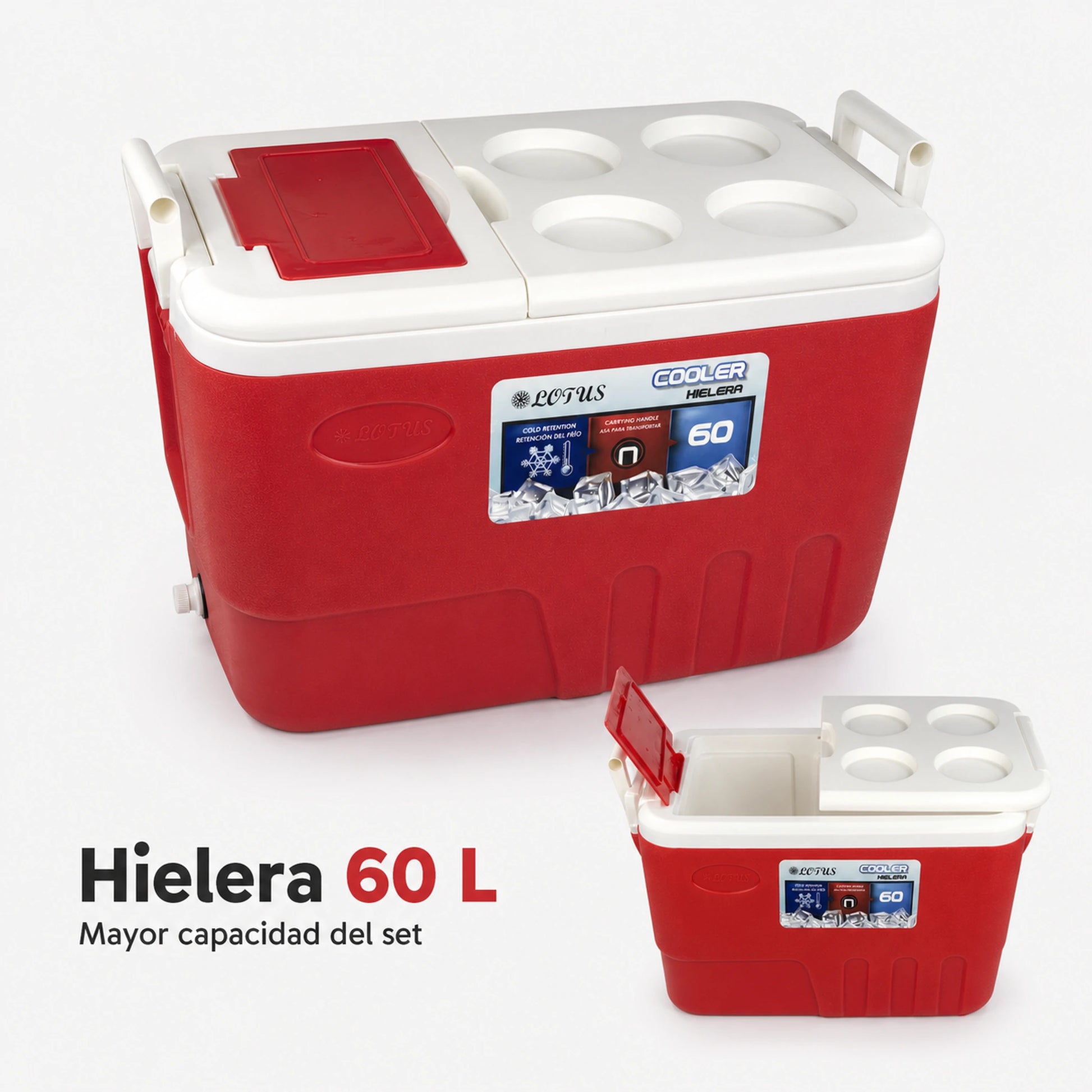 Hielera Lotus en rojo de 60 litros con tapa doble y sistema de drenaje
