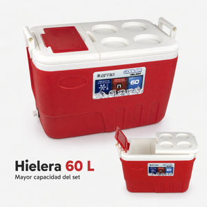 Hielera Lotus en rojo de 60 litros con tapa doble y sistema de drenaje