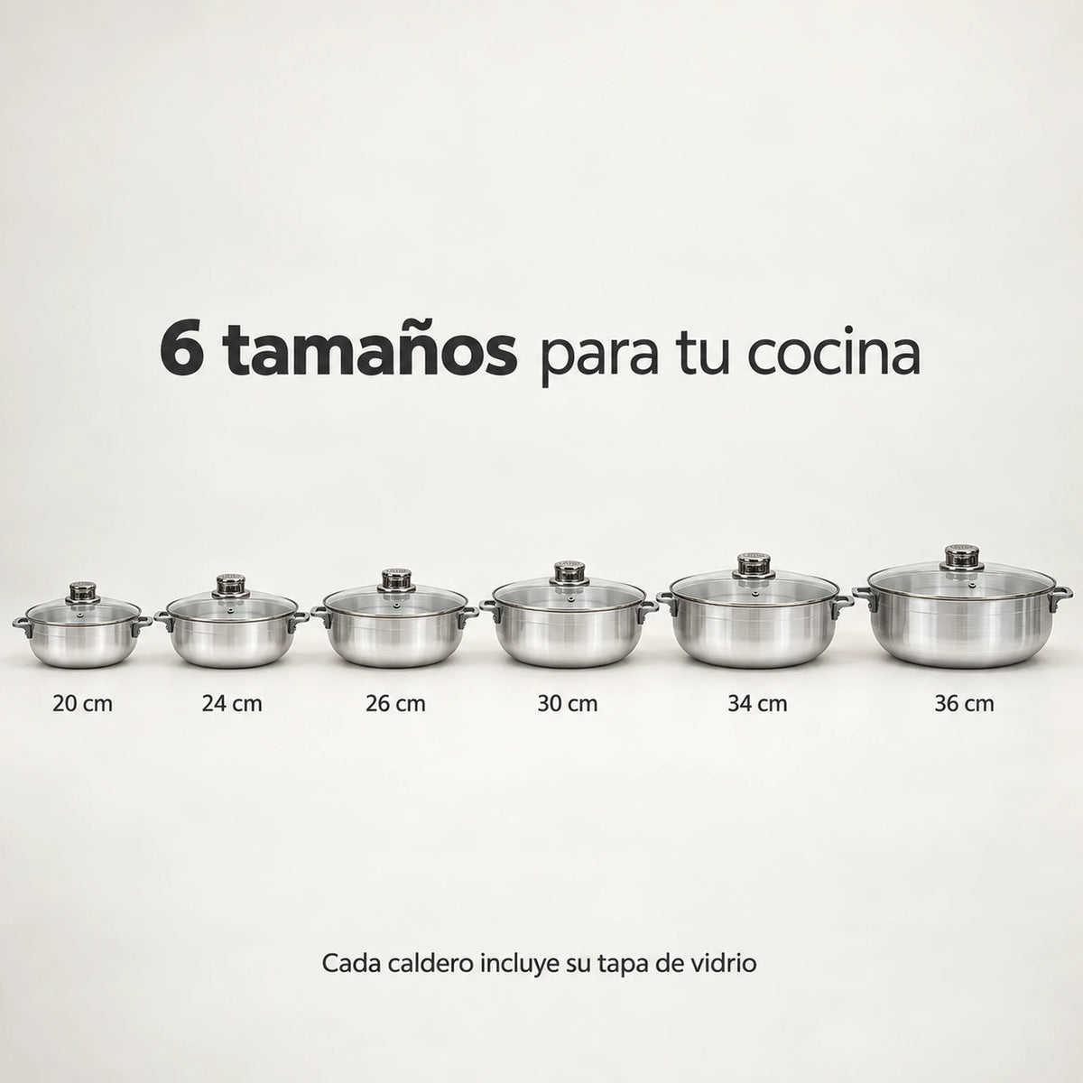 Guía de tamaños de los calderos Lotus: 20, 24, 26, 30, 34 y 36 cm