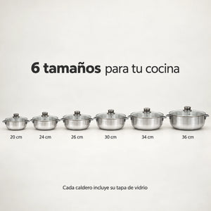 Guía de tamaños de los calderos Lotus: 20, 24, 26, 30, 34 y 36 cm