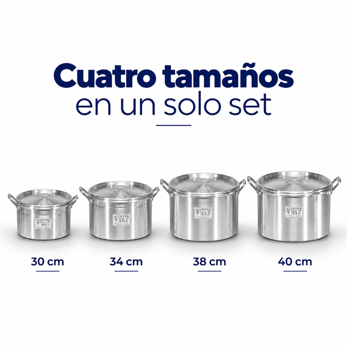 Comparación de tamaños de las ollas de aluminio Alinter: 30, 34, 38 y 40 cm
