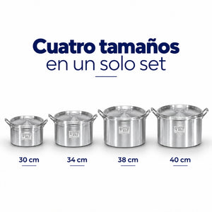Comparación de tamaños de las ollas de aluminio Alinter: 30, 34, 38 y 40 cm