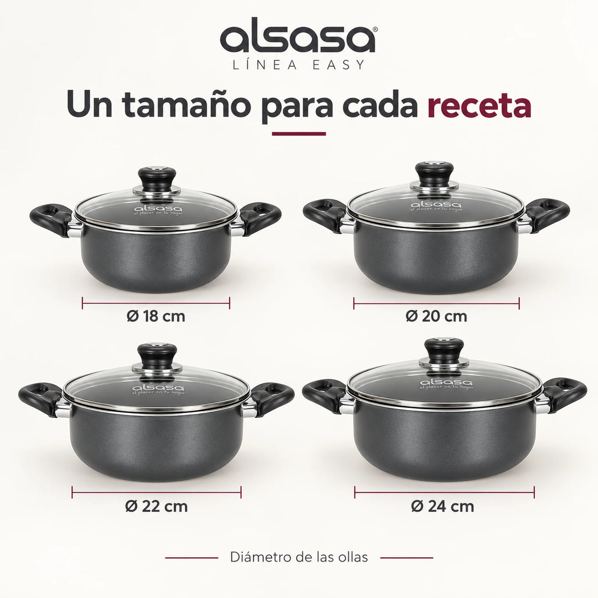 Medidas de las ollas Alsasa Línea Easy: 18, 20, 22 y 24 cm de diámetro