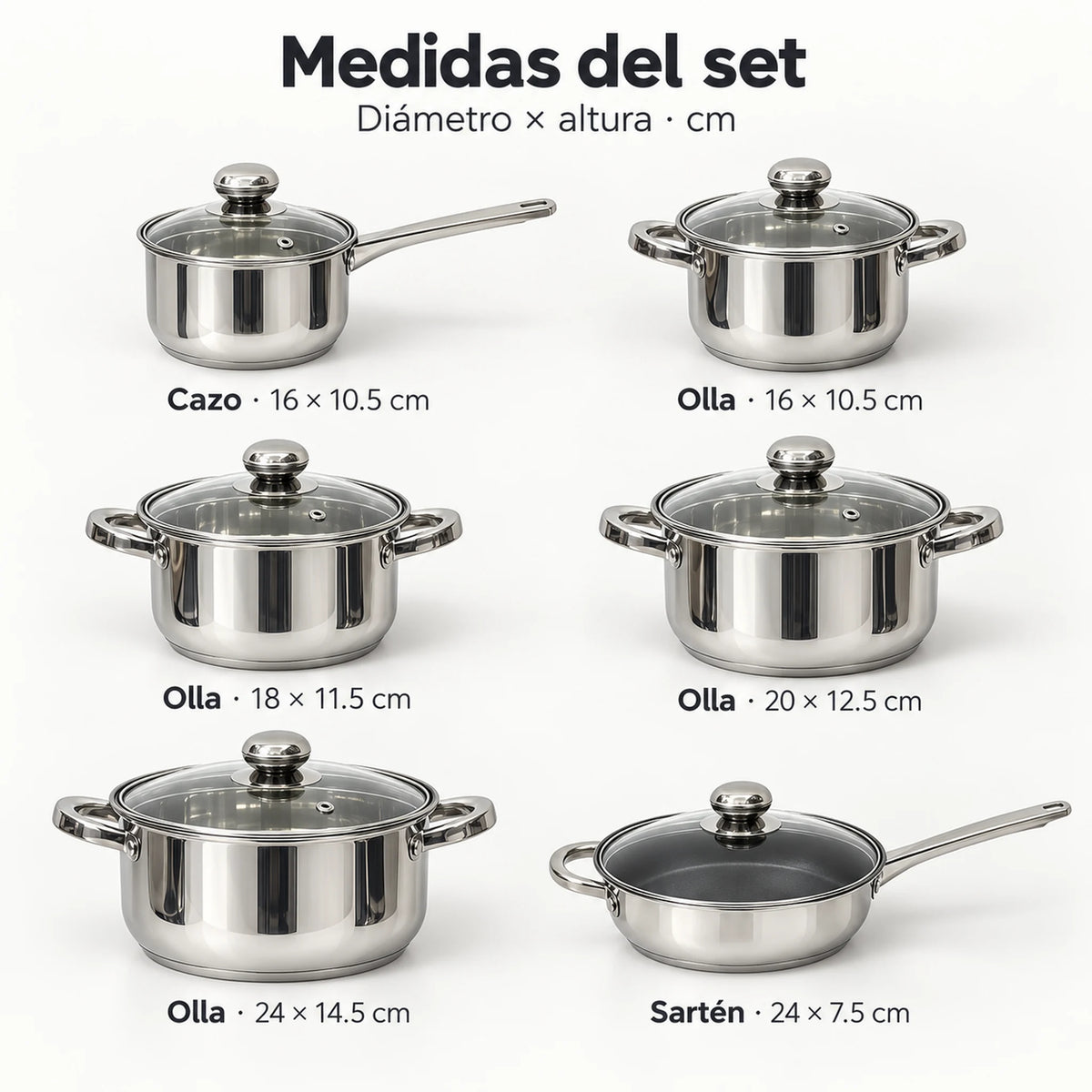 Medidas de las ollas Epicure Roma: 16, 18, 20 y 24 cm de diámetro