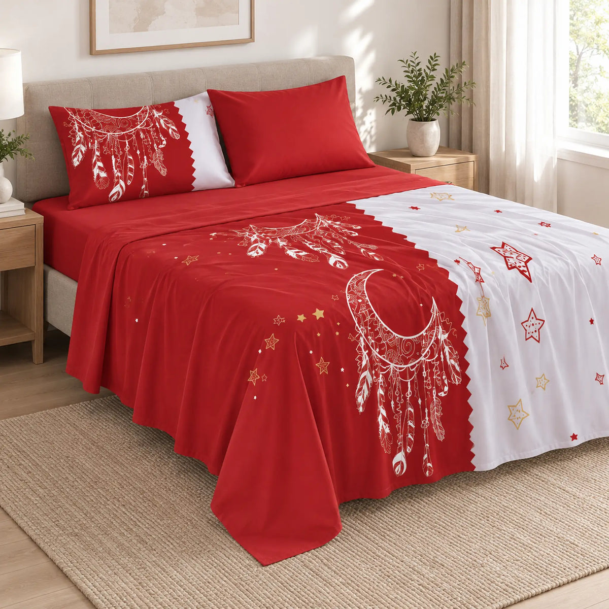 Juego de sábanas 4 piezas estampado rojo con atrapasueños y estrellas – caída en ángulo