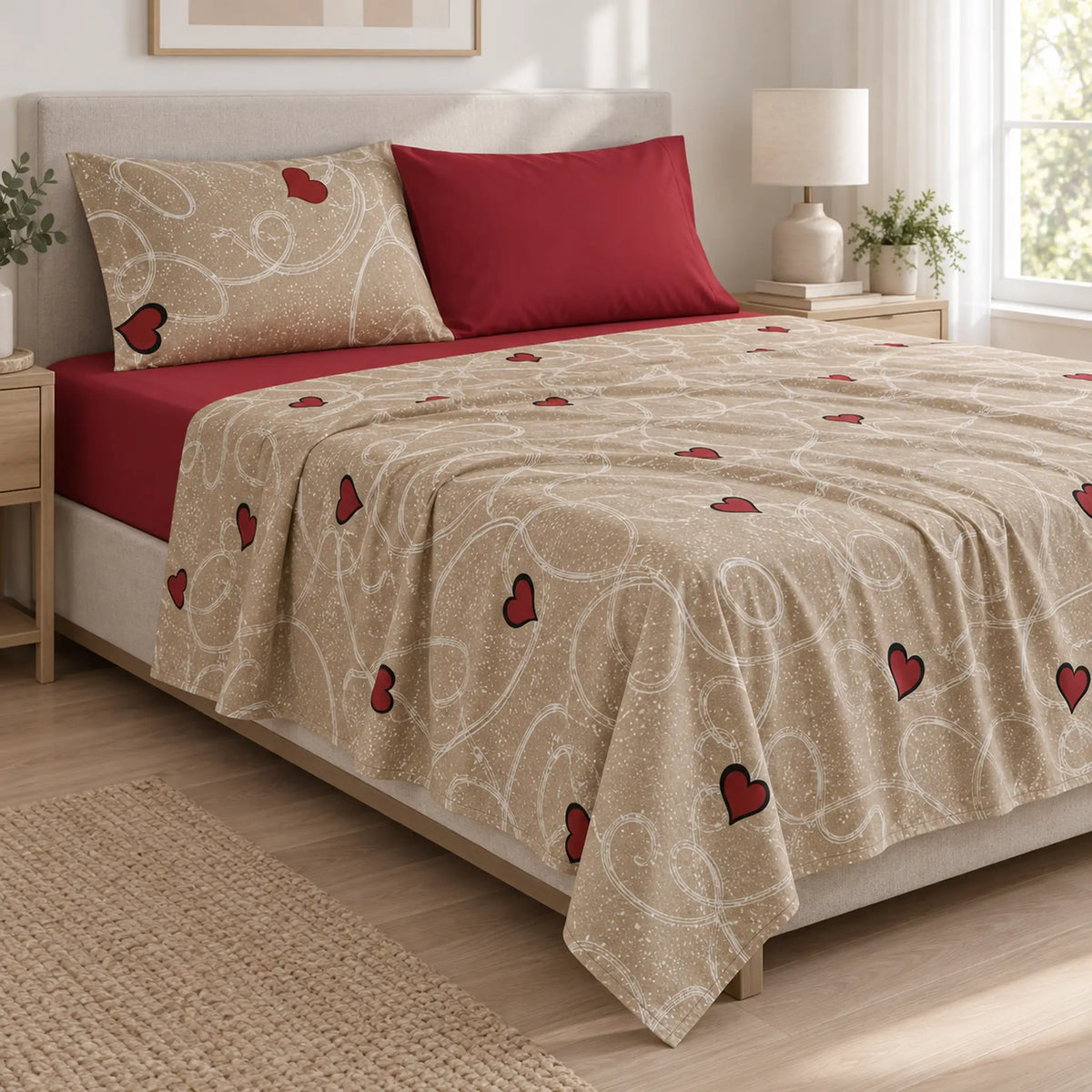 Juego de sábanas 4 piezas estampado beige con corazones – caída en ángulo