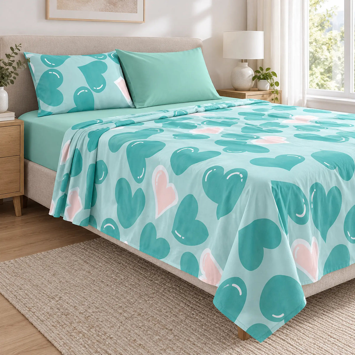 Juego de sábanas 4 piezas estampado verde menta con corazones – caída en ángulo