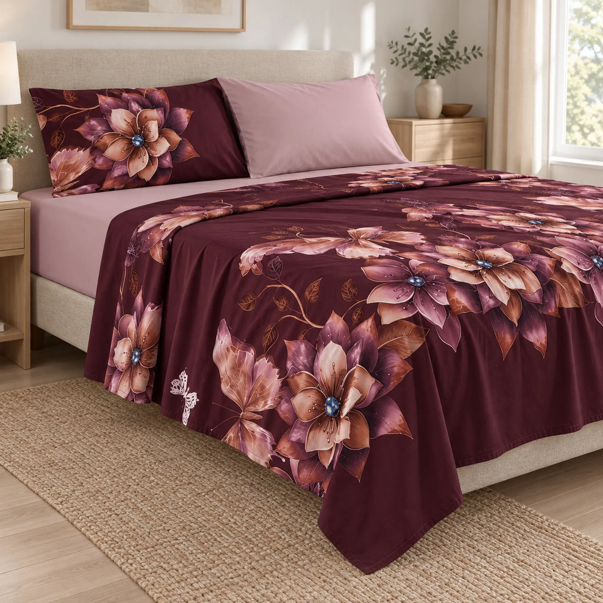 Juego de sábanas 4 piezas estampado color vino con flores – caída en ángulo